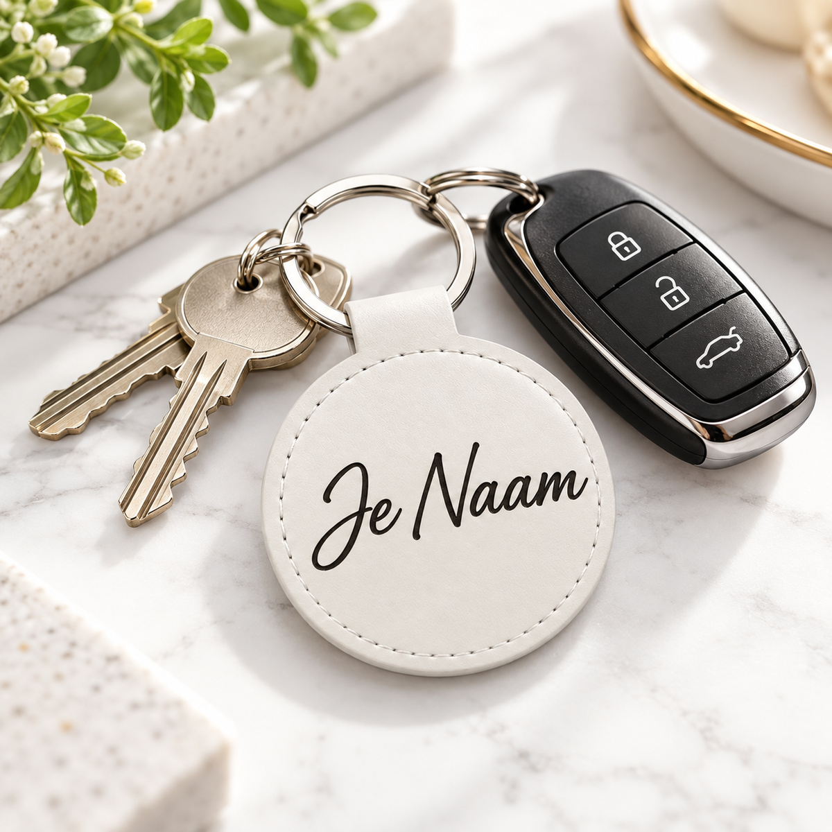 Gepersonaliseerde Ronde Sleutelhanger met Naam – Kunstleer – Wit – 55 mm – Gegraveerde Autosleutelhanger – Opbergvak voor AirTag / Muntje – Persoonlijk Cadeau – Sleutelhanger met naam