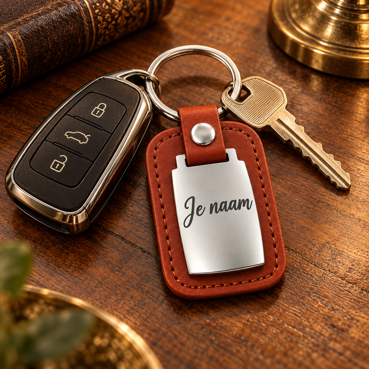 Gepersonaliseerde Sleutelhanger met Naam – Kunstleer & Metaal – Gravure Voor- en Achterkant – Autosleutelhanger – Bruin – 37 mm – Persoonlijk Cadeau