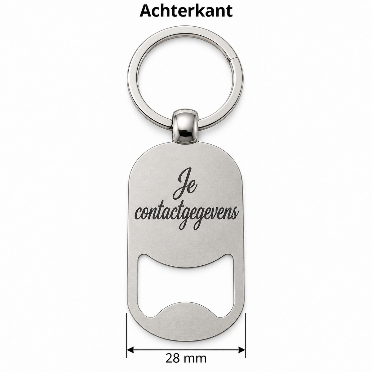 Gepersonaliseerde Flesopener Sleutelhanger met Naam – Metalen Bieropener met Gravure – Voor- en Achterkant Personaliseerbaar – Zilverkleurig – 28 mm – Persoonlijk Cadeau
