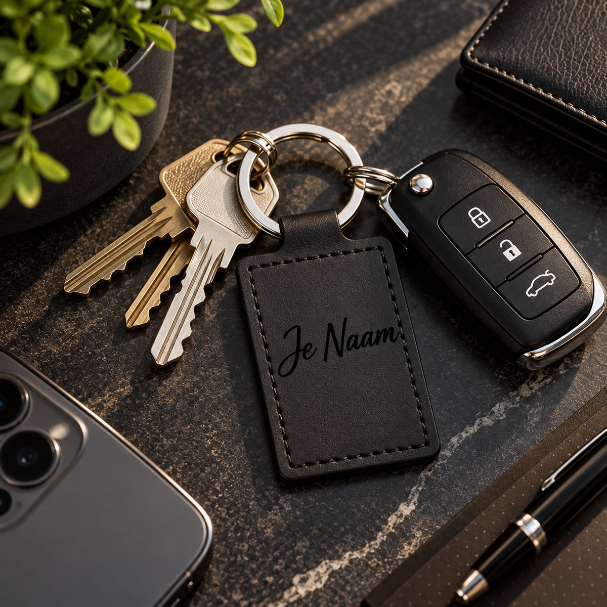 Gepersonaliseerde Sleutelhanger met Naam – Zwarte Kunstleren Sleutelhanger – Rechthoekig – Gravure Voor- en Achterkant – Contactgegevens – Autosleutelhanger – 40 mm – Persoonlijk Cadeau