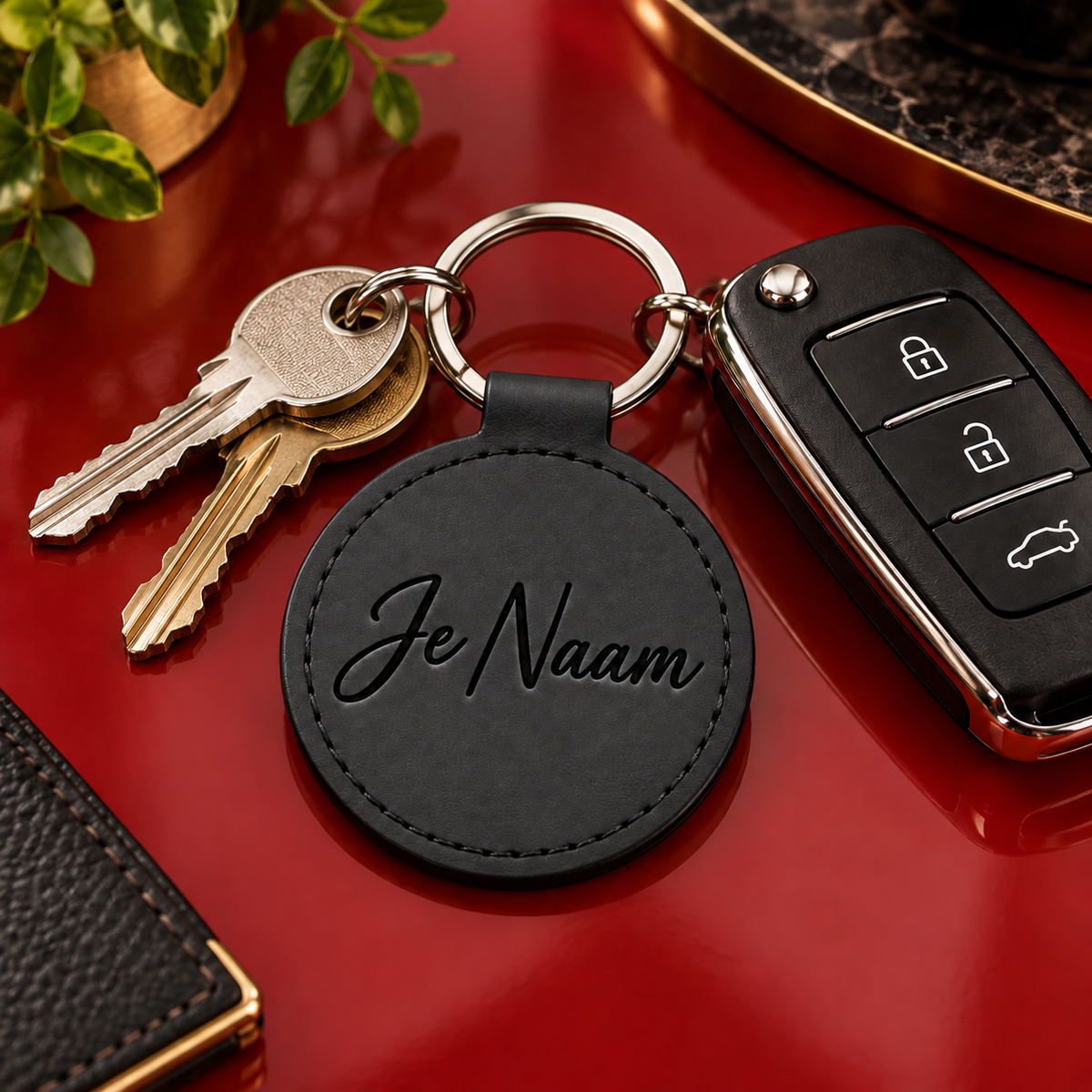Gepersonaliseerde Ronde Sleutelhanger van Kunstleer met Naam – Gegraveerde Autosleutelhanger met Opbergvak voor AirTag / Muntje – Zwart – 55 mm – Persoonlijk Cadeau Sleutelhanger met naam