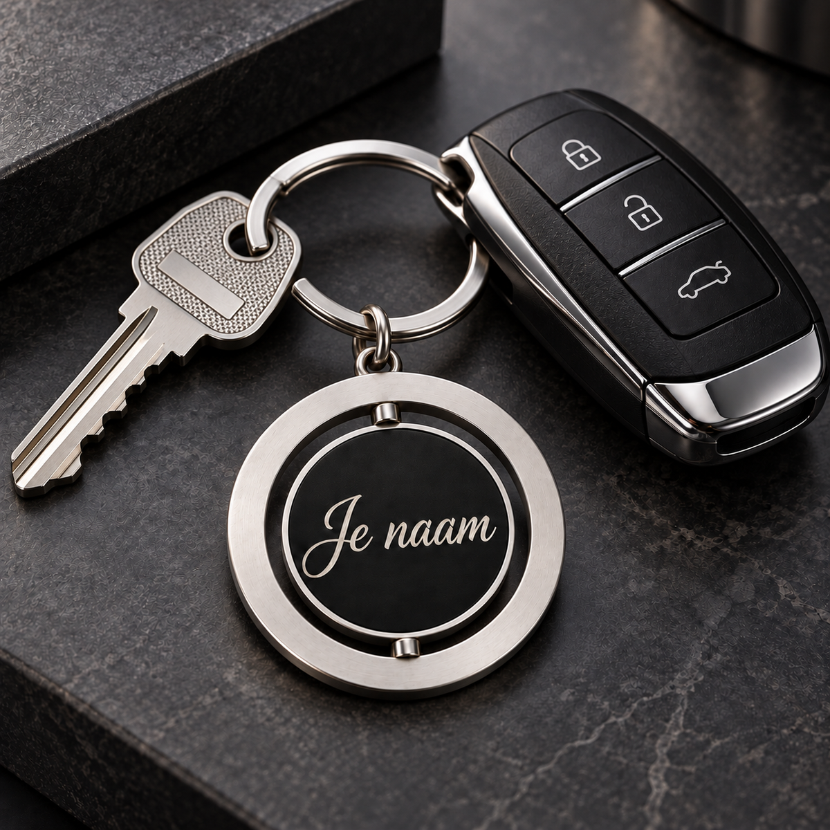 Gepersonaliseerde Sleutelhanger met Naam – Sleutelhanger met naam – Draaibare Metalen Sleutelhanger – Roterende Middenplaat – Gravure Voor- en Achterkant – 40 mm – Zilver/Zwart
