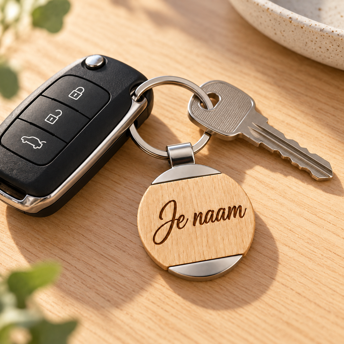 Gepersonaliseerde Houten Sleutelhanger met Naam – Sleutelhanger met Naam – Hout & Metaal – Lasergravure Voor- en Achterkant – 40 mm – Persoonlijk Cadeau