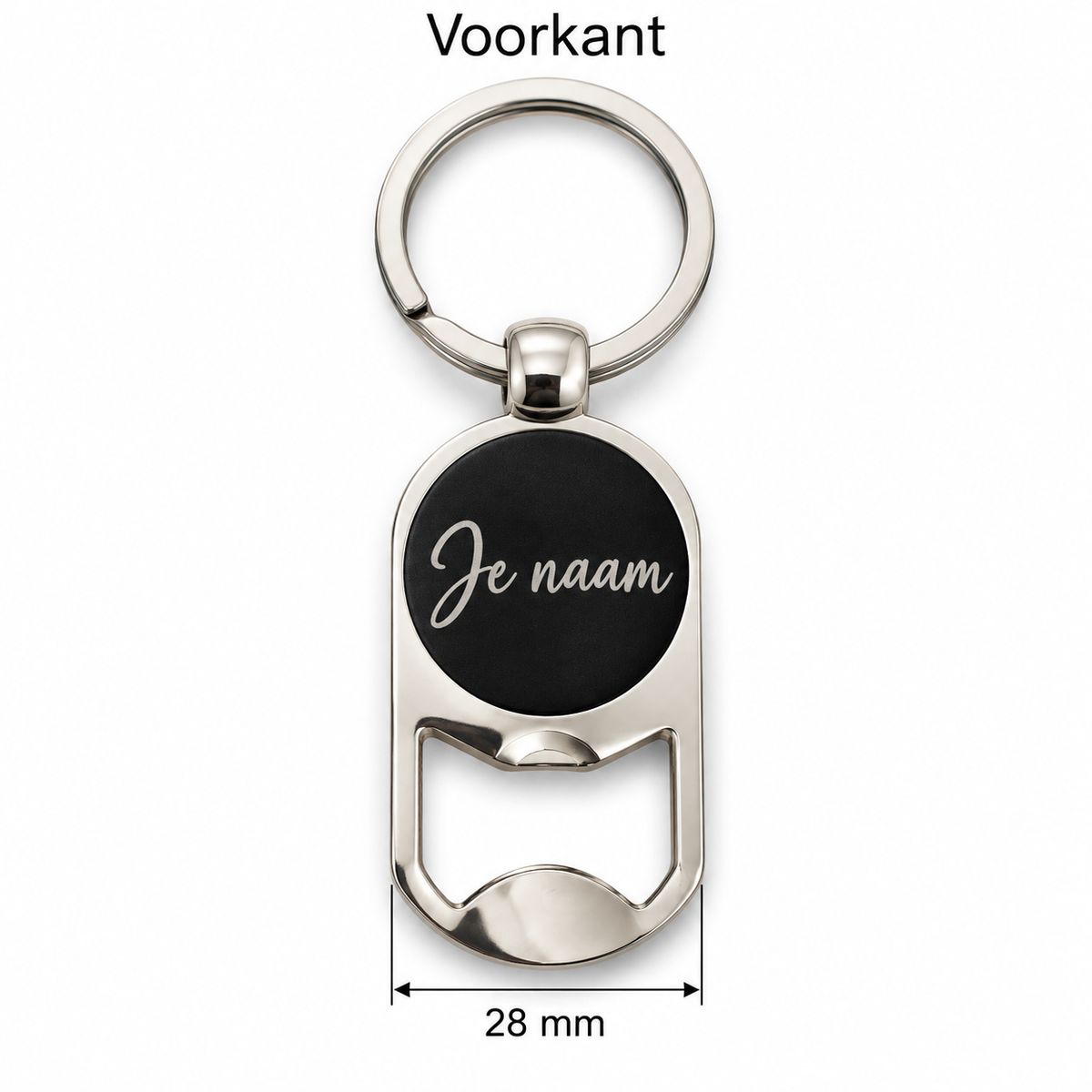Gepersonaliseerde Flesopener Sleutelhanger met Naam – Metalen Bieropener met Gravure – Voor- en Achterkant Personaliseerbaar – Zilverkleurig – 28 mm – Persoonlijk Cadeau
