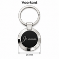 Gepersonaliseerde Sleutelhanger met Naam – Ronde Metalen Sleutelhanger – Zwart/Zilverkleurig – Gravure Voor- en Achterkant – Contactgegevens – 35 mm – Autosleutelhanger – Persoonlijk Cadeau
