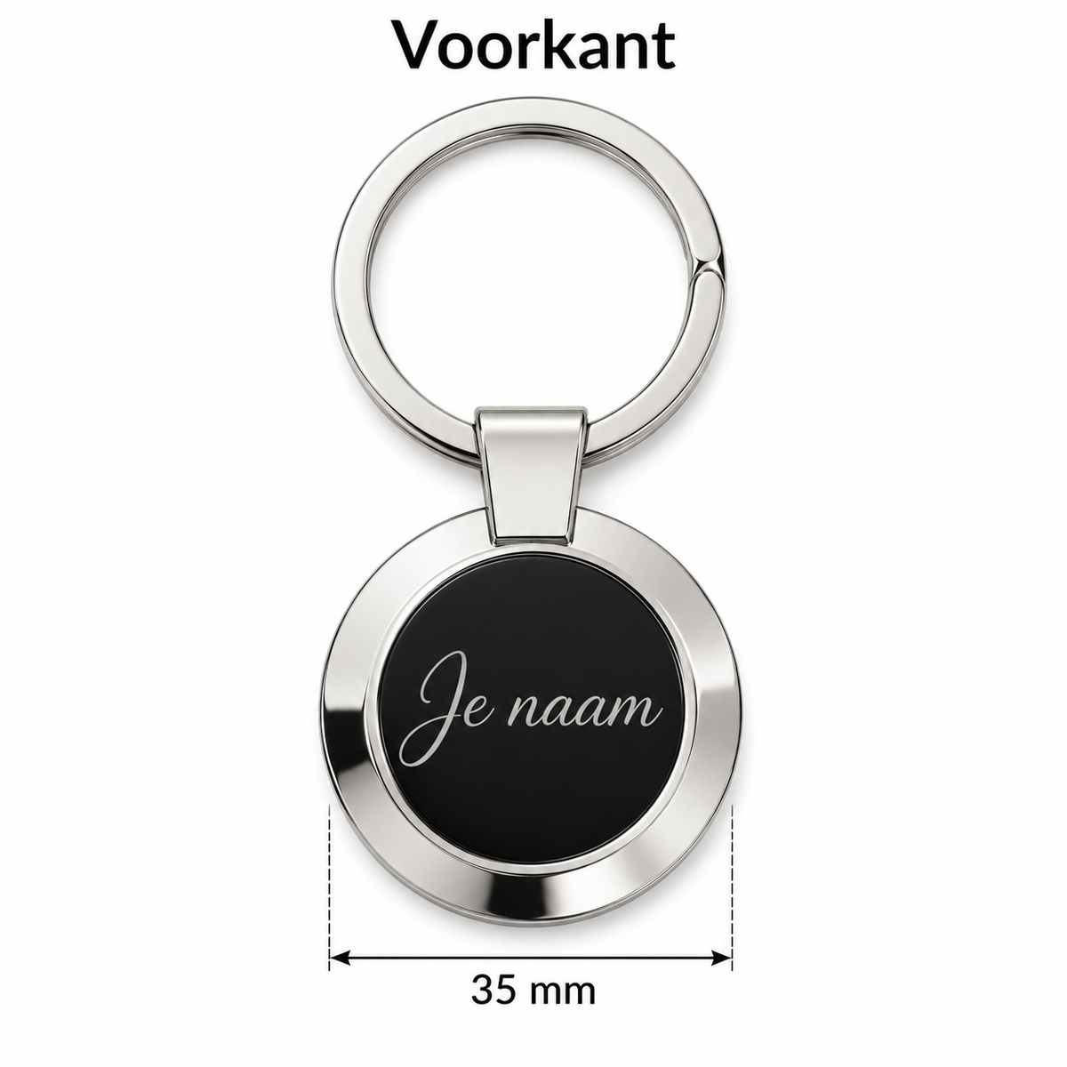 Gepersonaliseerde Sleutelhanger met Naam – Ronde Metalen Sleutelhanger – Zwart/Zilverkleurig – Gravure Voor- en Achterkant – Contactgegevens – 35 mm – Autosleutelhanger – Persoonlijk Cadeau