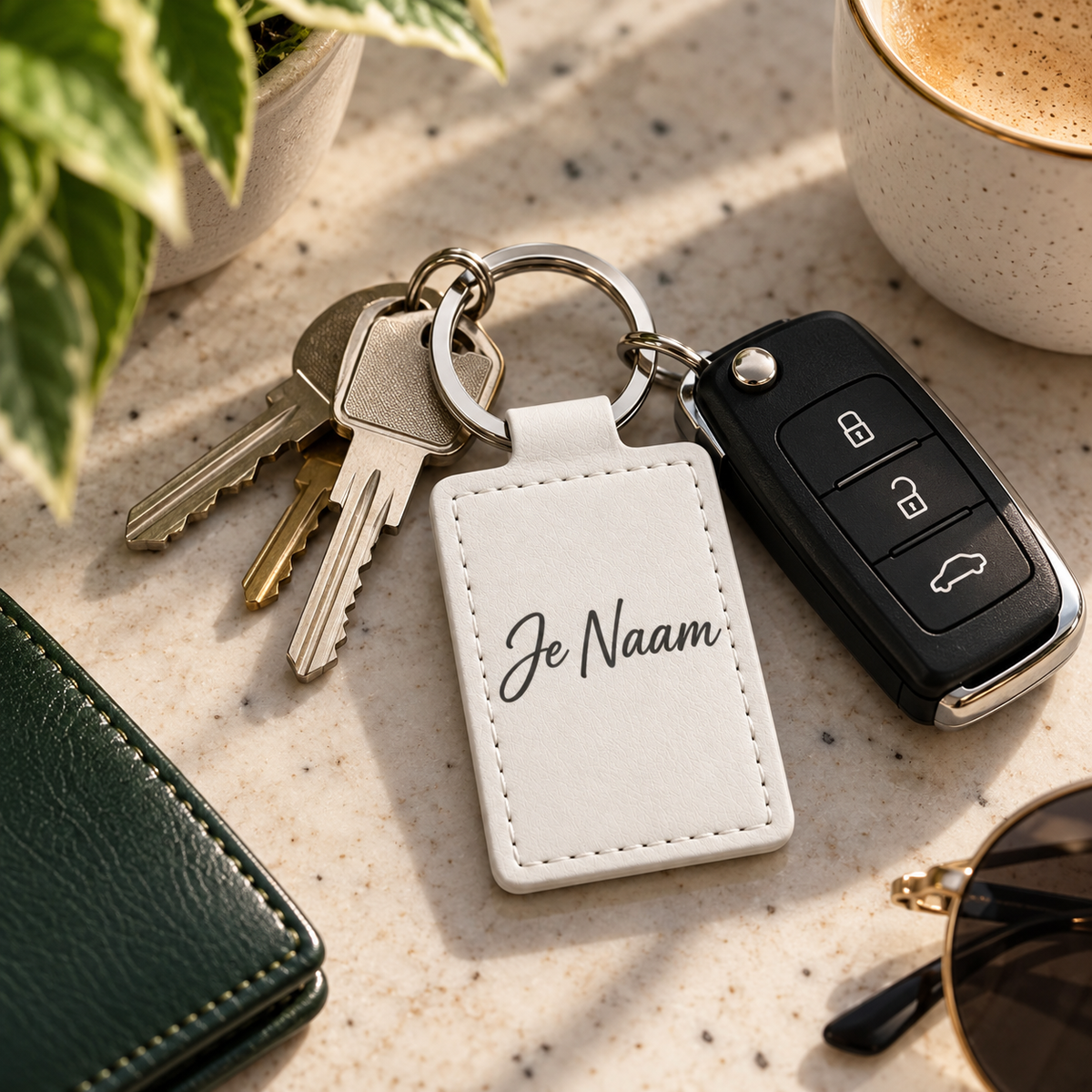 Gepersonaliseerde Sleutelhanger met Naam – Witte Kunstleren Sleutelhanger – Rechthoekig – Gravure Voor- en Achterkant – Contactgegevens – Autosleutelhanger – 40 mm – Persoonlijk Cadeau