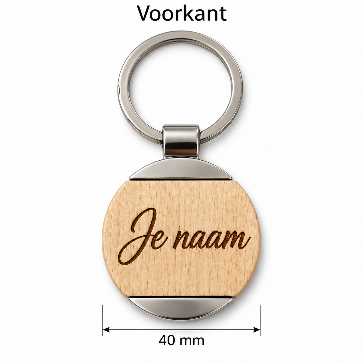 Gepersonaliseerde Houten Sleutelhanger met Naam – Sleutelhanger met Naam – Hout & Metaal – Lasergravure Voor- en Achterkant – 40 mm – Persoonlijk Cadeau
