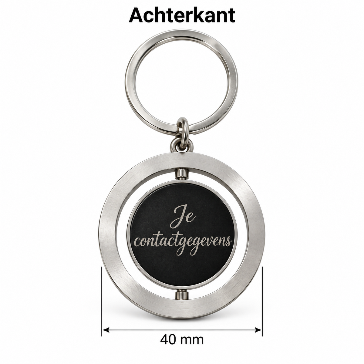 Gepersonaliseerde Sleutelhanger met Naam – Sleutelhanger met naam – Draaibare Metalen Sleutelhanger – Roterende Middenplaat – Gravure Voor- en Achterkant – 40 mm – Zilver/Zwart