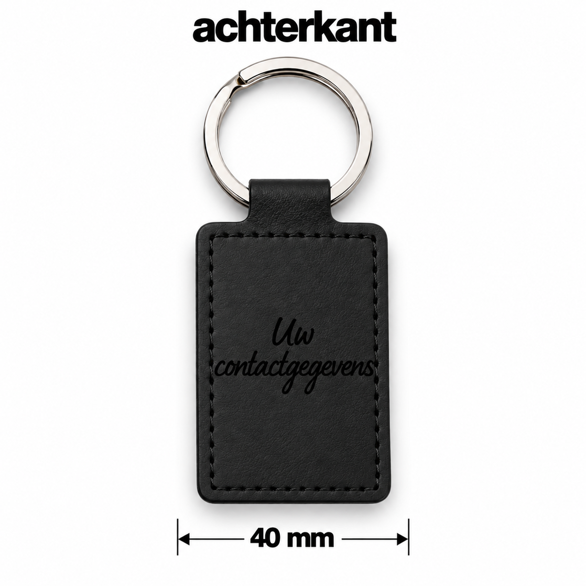 Gepersonaliseerde Sleutelhanger met Naam – Zwarte Kunstleren Sleutelhanger – Rechthoekig – Gravure Voor- en Achterkant – Contactgegevens – Autosleutelhanger – 40 mm – Persoonlijk Cadeau