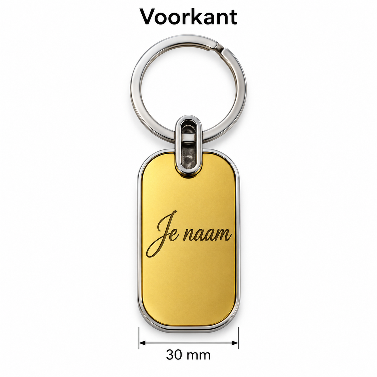 Sleutelhanger met Naam – Gepersonaliseerde Metalen Sleutelhanger – Goudkleurig & Zilverkleurig – Gravure Voor- en Achterkant – Contactgegevens – 30 mm – Autosleutelhanger – Persoonlijk Cadeau