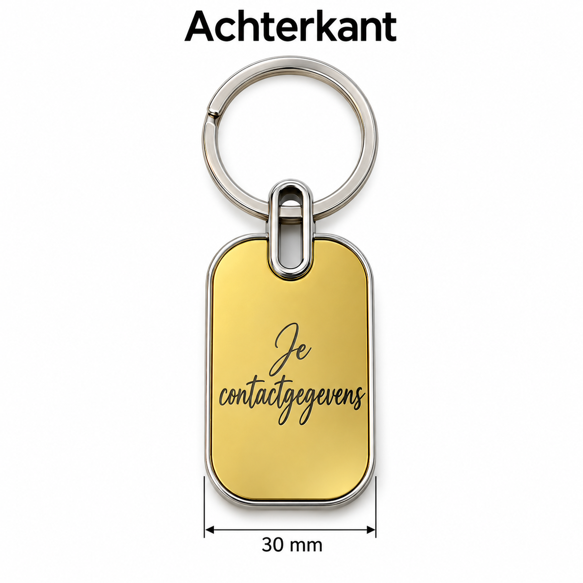 Sleutelhanger met Naam – Gepersonaliseerde Metalen Sleutelhanger – Goudkleurig & Zilverkleurig – Gravure Voor- en Achterkant – Contactgegevens – 30 mm – Autosleutelhanger – Persoonlijk Cadeau