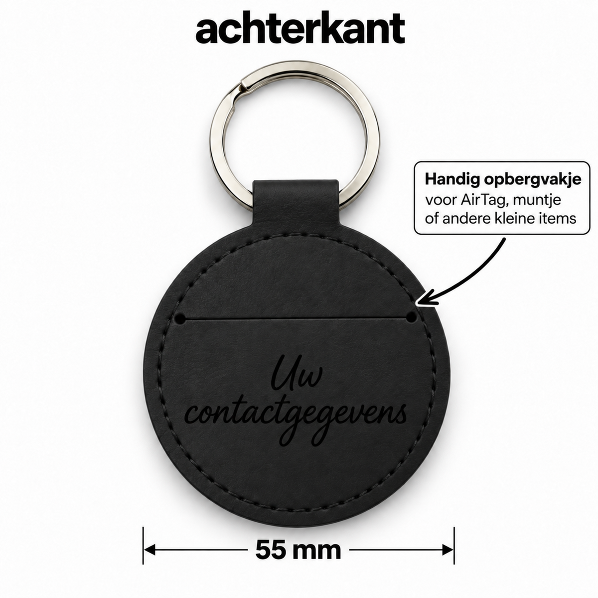 Gepersonaliseerde Ronde Sleutelhanger van Kunstleer met Naam – Gegraveerde Autosleutelhanger met Opbergvak voor AirTag / Muntje – Zwart – 55 mm – Persoonlijk Cadeau Sleutelhanger met naam