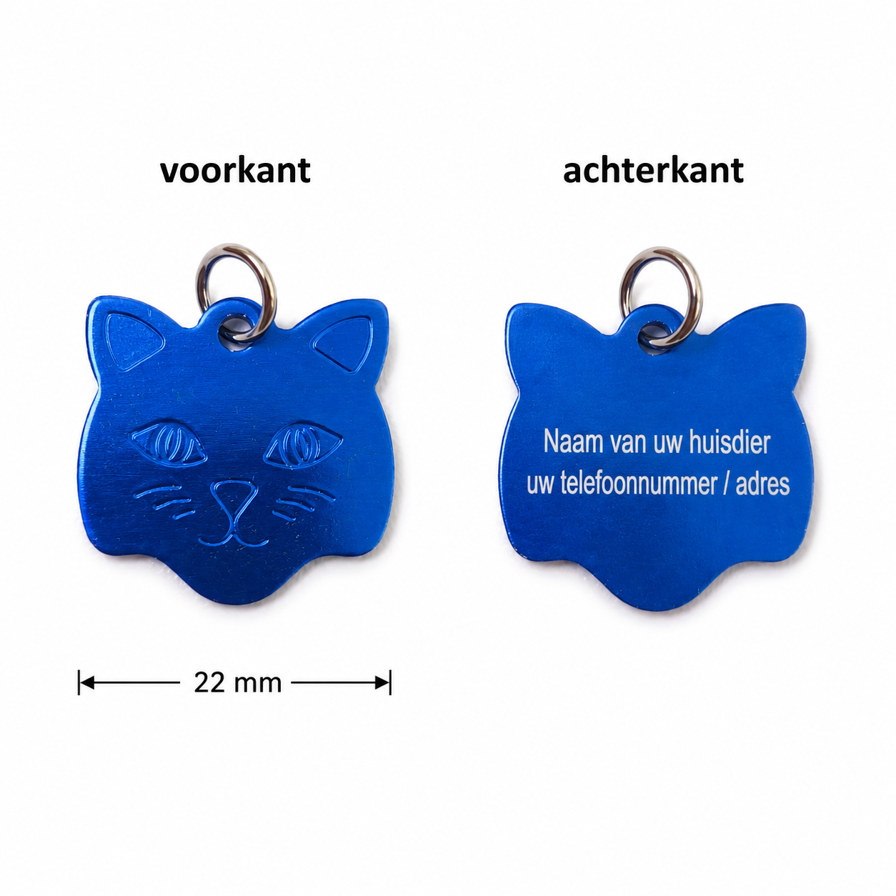 Blauw Katten Naamplaatje voor Huisdier – Gepersonaliseerde Kattenpenning met Naam, Telefoonnummer of Adres – Aluminium ID Tag voor Kat, Kitten, Poezenhalsband – 22 mm