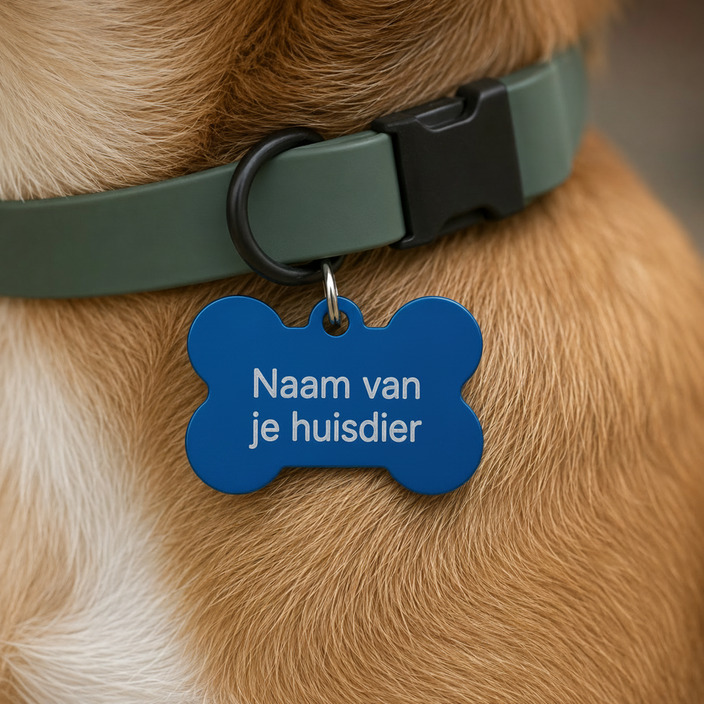 Gepersonaliseerde huisdierpenning voor hond en kat – Botvormig naamplaatje huisdier van geanodiseerd aluminium – Blauwe hondenpenning kattenpenning met gravure – Naam, telefoonnummer en adres – 35 mm