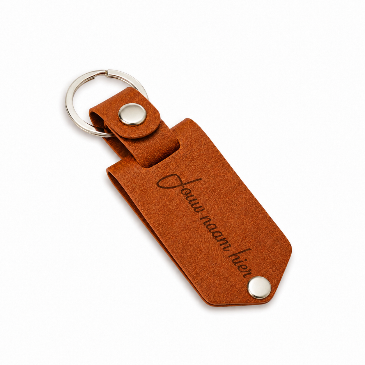 Gepersonaliseerde Sleutelhanger met Verborgen Foto – Sleutelring met Geheime Fototab, Dubbelzijdige Fotoprint en Gravure op Voorzijde – Cognac/Zilverkleurig – Persoonlijk Cadeau voor Hem en Haar
