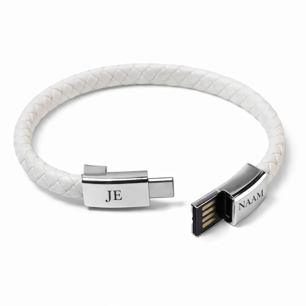 Witte armband met laadkabel en gravure - gevlochten band - gepersonaliseerd