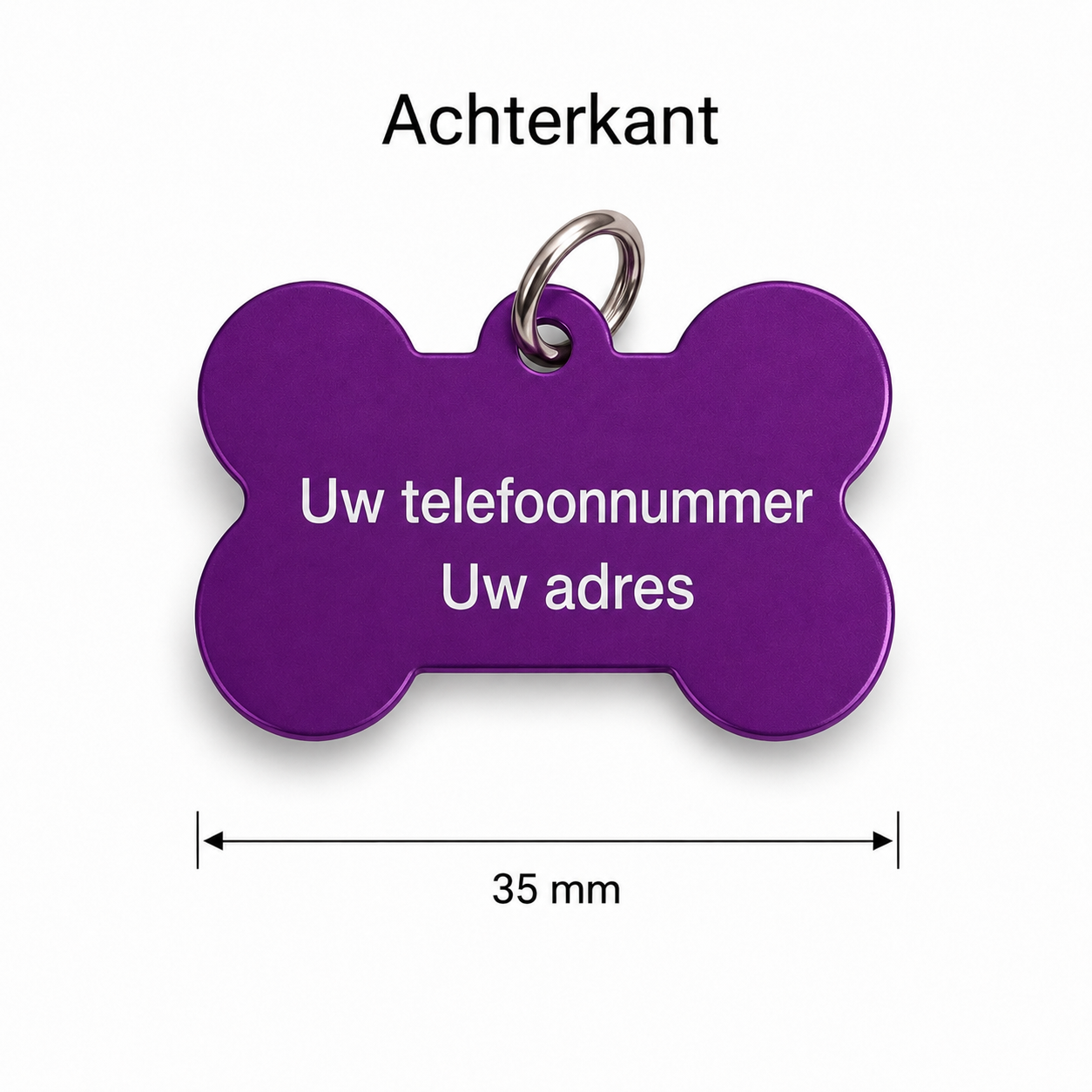 Gepersonaliseerde huisdierpenning voor hond en kat – Paarse botvormige naamplaat huisdier van geanodiseerd aluminium – Dierenpenning met gravure – Naam, telefoonnummer en adres – 35 mm
