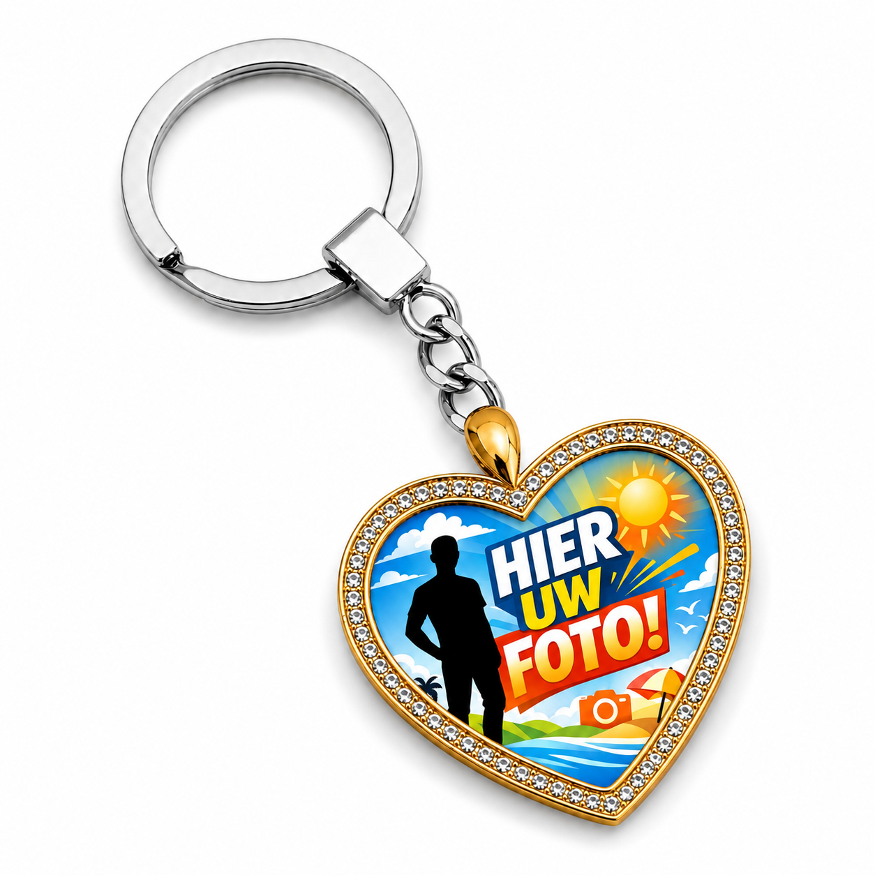 Gepersonaliseerde Hart Sleutelhanger met Foto en Gravure – Gouden Hartvormige Sleutelring met Fotoprint op Voorzijde en Naamgravure op Achterzijde – Persoonlijk Cadeau voor Haar en Hem