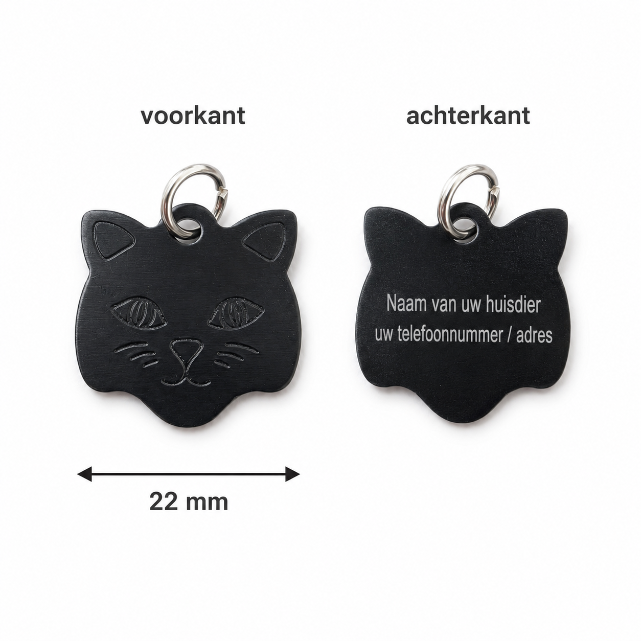 Zwart Katten Naamplaatje voor Huisdier – Gepersonaliseerde Kattenpenning met Naam, Telefoonnummer of Adres – Aluminium ID Tag / Adresplaatje voor Kat, Kitten en Halsband – 22 mm