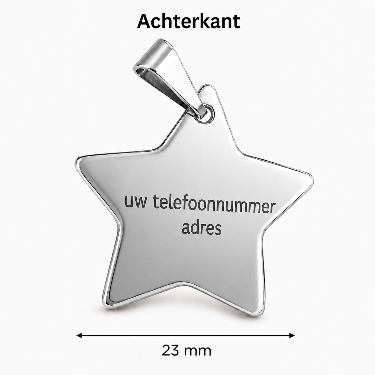Gepersonaliseerde Hondenpenning Ster - Kattenpenning / Huisdierpenning - Gegraveerde ID-tag met naam, telefoonnummer en adres - Dubbelzijdig RVS naamplaatje - Zilver - 23 mm