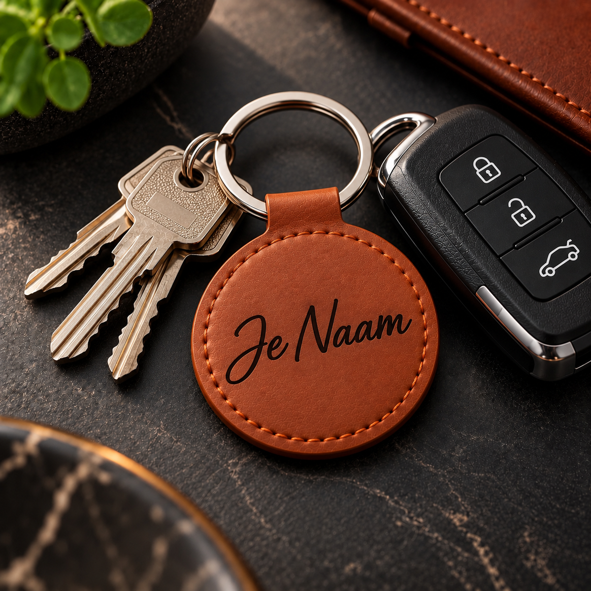 Gepersonaliseerde Ronde Sleutelhanger met Naam – Kunstleer – Gegraveerde Autosleutelhanger – Bruin – Opbergvak voor AirTag / Muntje – 55 mm – Sleutelhanger met naam