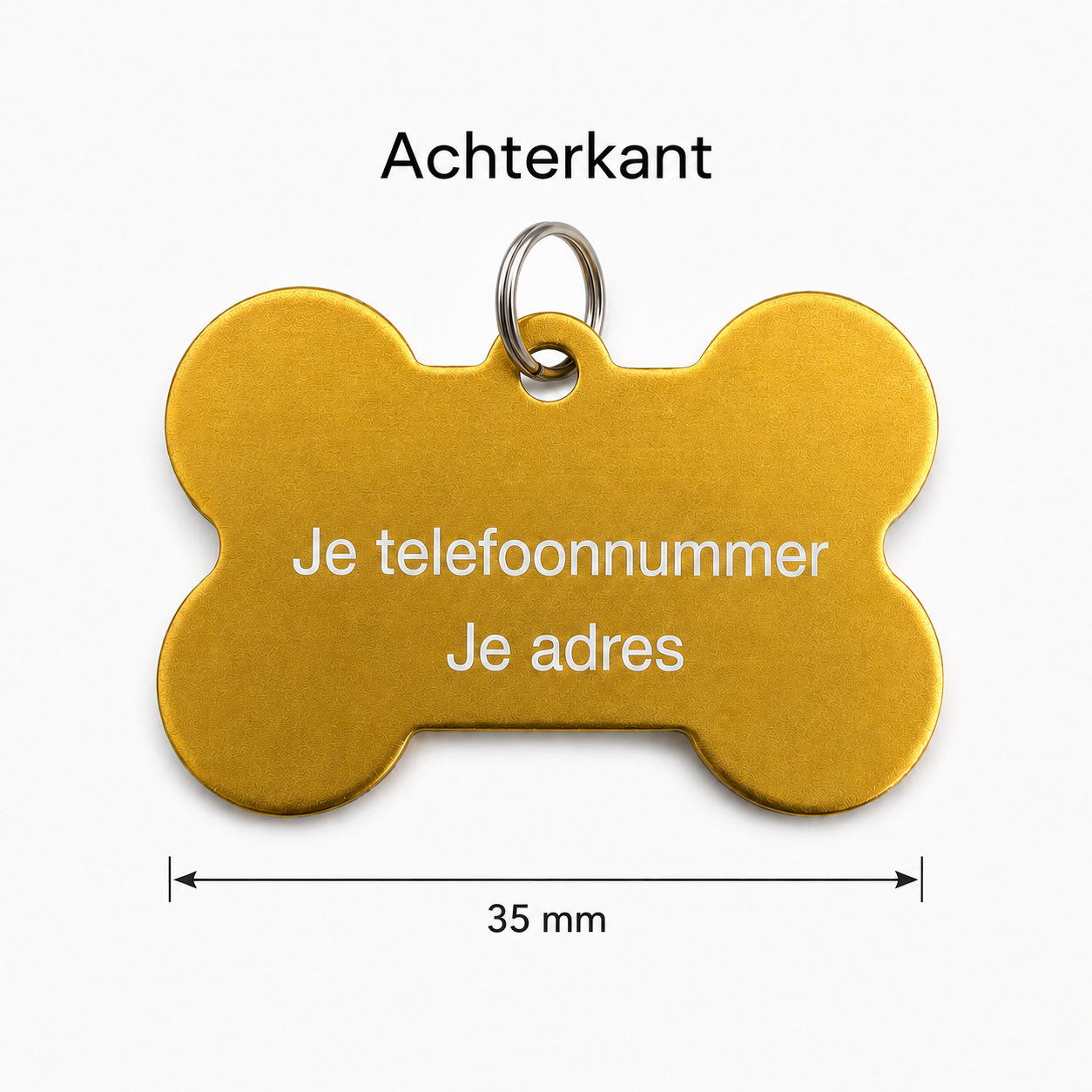 Gepersonaliseerde huisdierpenning voor hond en kat – Goudkleurige botvormige naamplaat huisdier van geanodiseerd aluminium – Hondenpenning kattenpenning met gravure – Naam, telefoonnummer en adres – 35 mm