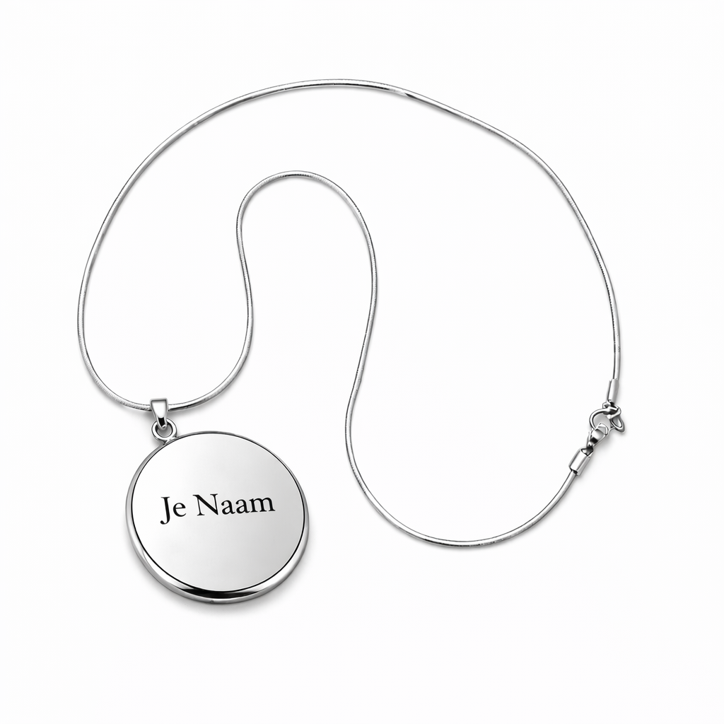 Gepersonaliseerde ronde foto ketting van roestvrij staal met fotoprint aan de voorkant en tekstgravure op de achterkant