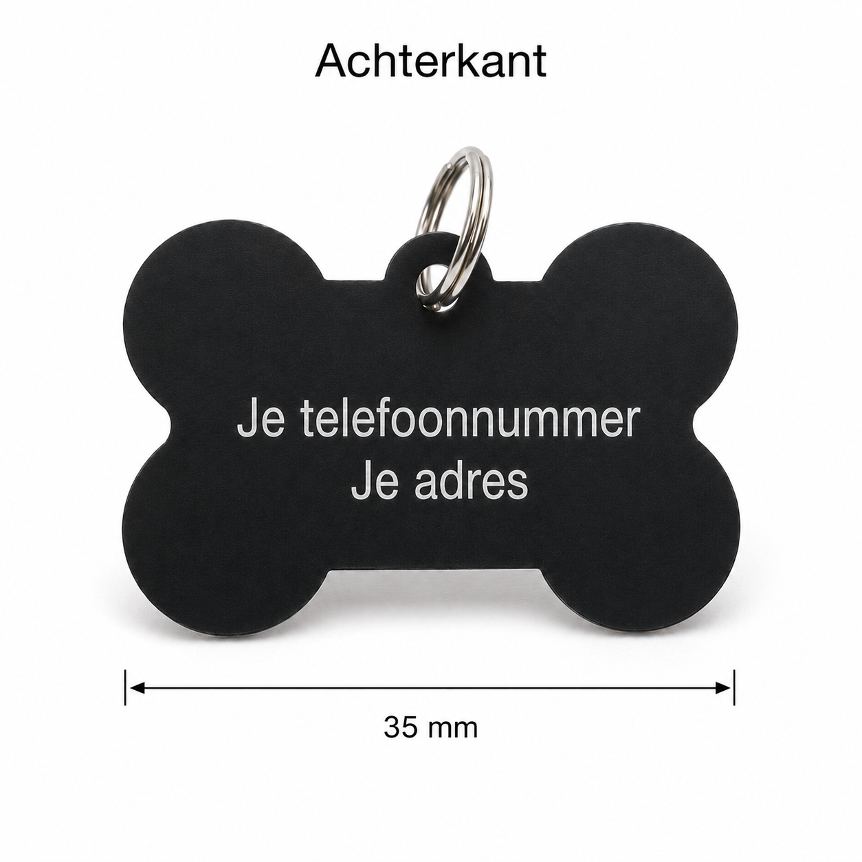 Gepersonaliseerde huisdierpenning voor hond en kat – Zwarte botvormige naamplaat huisdier van geanodiseerd aluminium – Hondenpenning kattenpenning met gravure – Naam, telefoonnummer en adres – 35 mm