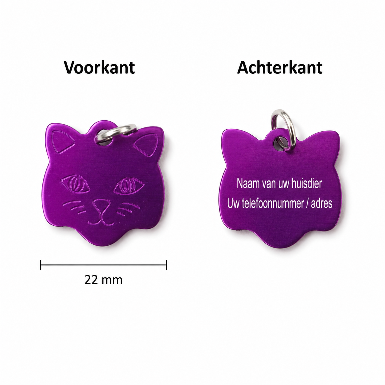Paars Katten Naamplaatje voor Huisdier – Gepersonaliseerde Kattenpenning met Naam, Telefoonnummer of Adres – Aluminium ID Tag voor Kat, Kitten, Poezenhalsband – 22 mm