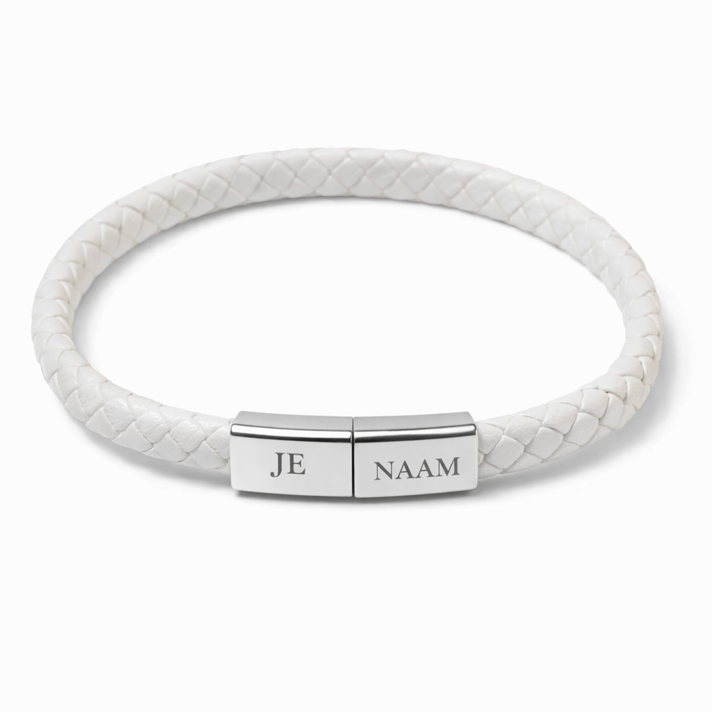 Witte armband met laadkabel en gravure - gevlochten band - gepersonaliseerd