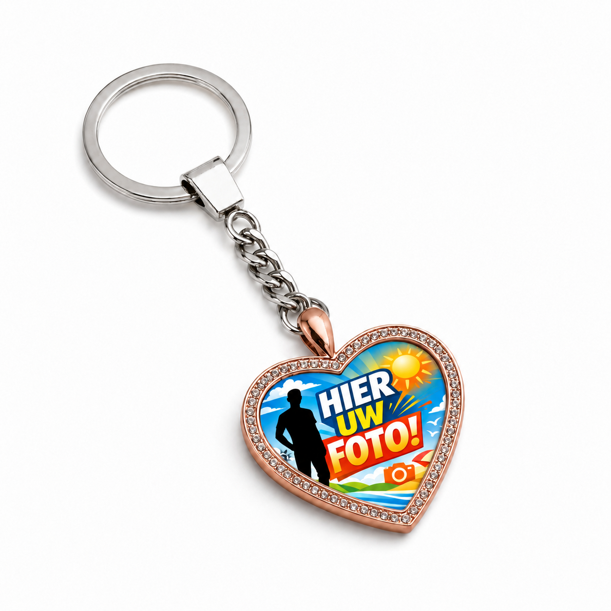 Gepersonaliseerde Hart Sleutelhanger met Foto en Gravure – Roségoudkleurige Hartvormige Sleutelring met Fotoprint op Voorzijde en Naamgravure op Achterzijde – Persoonlijk Cadeau voor Haar en Hem