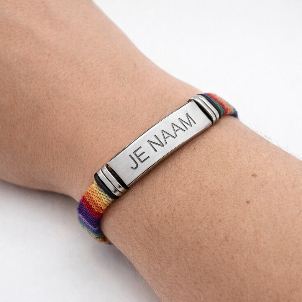 Armband met gravure kleurrijk - textielband - RVS naamplaat - gepersonaliseerd