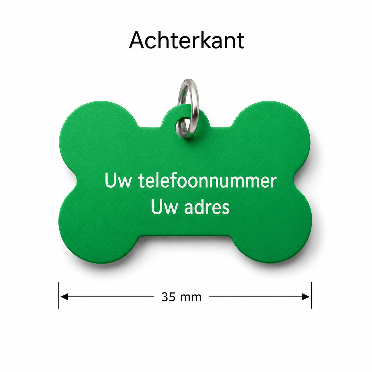Gepersonaliseerde huisdierpenning voor hond en kat – Groene botvormige naamplaat huisdier van geanodiseerd aluminium – Dierenpenning met gravure – Naam, telefoonnummer en adres – 35 mm