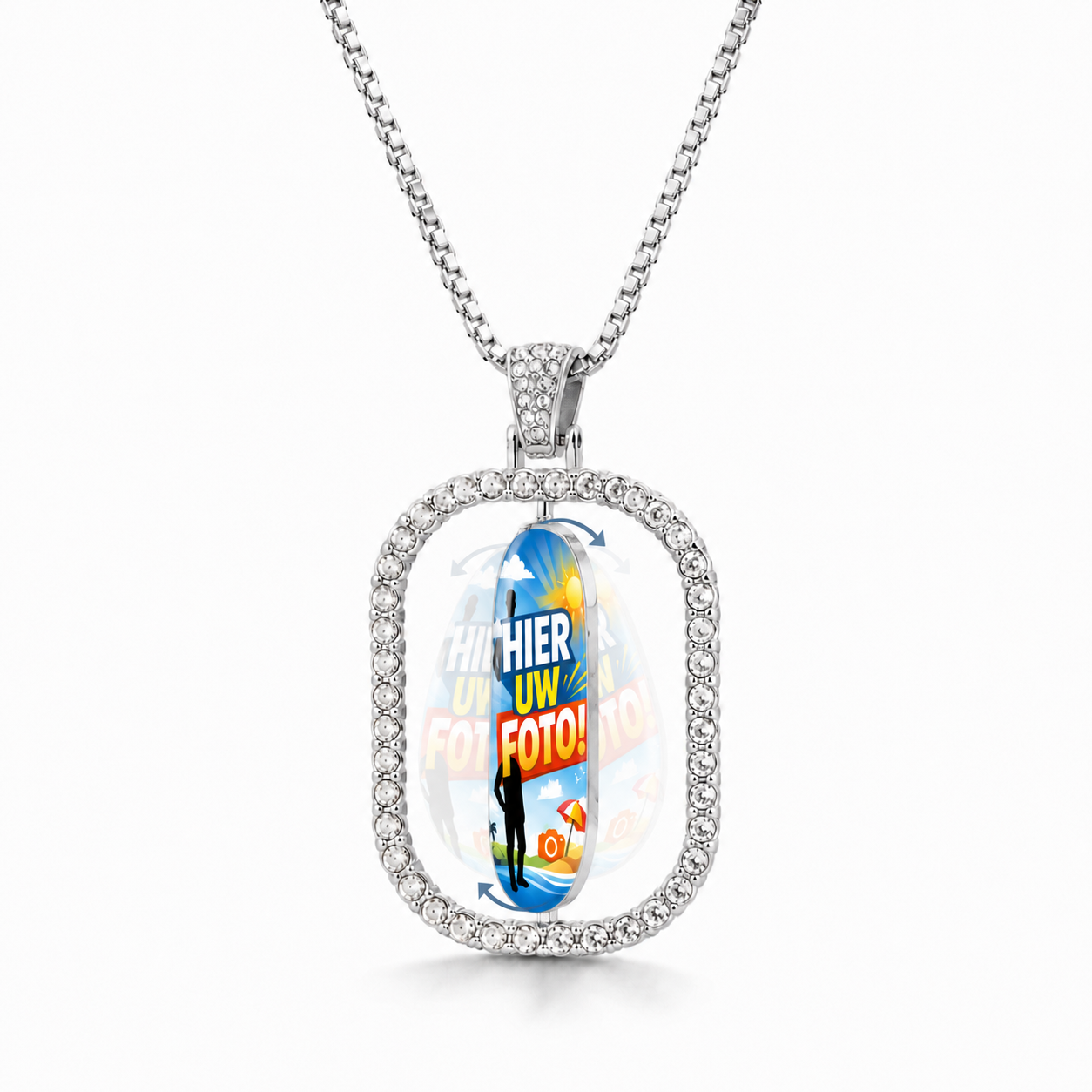 Gepersonaliseerde Halsketting met Foto – Draaibare Fotohanger met Dubbelzijdige Fotoprint – Roterende Ketting met Foto – Zilverkleurige Hanger met Strassrand – Persoonlijk Cadeau voor Haar en Hem