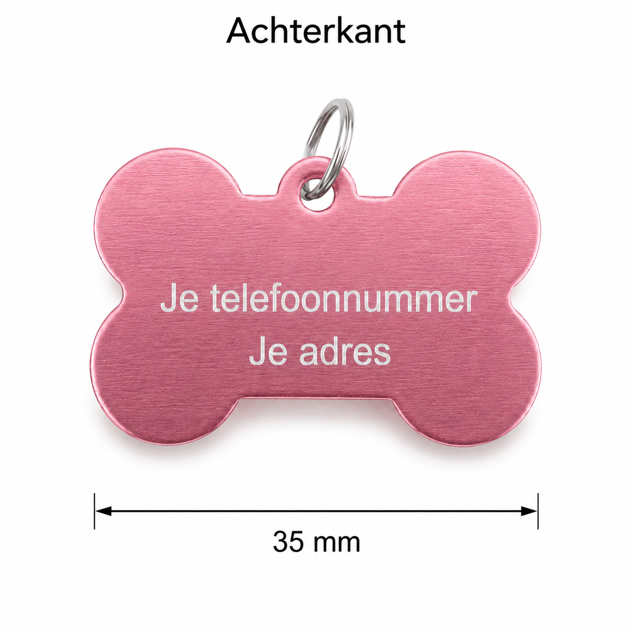 Gepersonaliseerde huisdierpenning voor hond en kat – Lichtroze botvormige naamplaat huisdier van geanodiseerd aluminium – Dierenpenning met gravure – Naam, telefoonnummer en adres – 35 mm